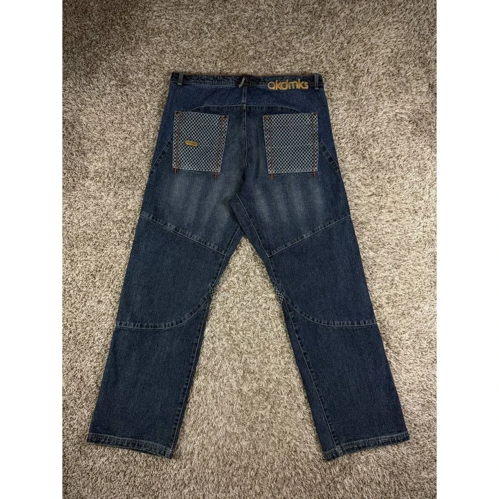 Akademiks Baggy Jeans Y2K Hip Hop Streetwear Skate Denim Checkered Panel Mens 38